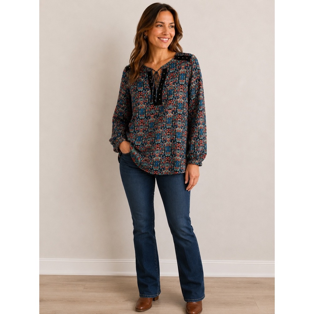 DONCASTER‎ Blouse Womens 14 Multicolor Ikat Print Velvet Studded Tie Neck Top